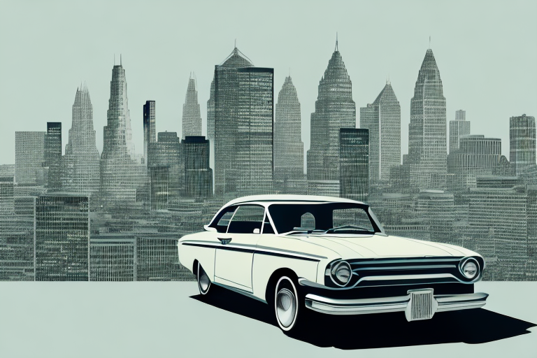 A vintage car with a touch of modern cityscape in the background