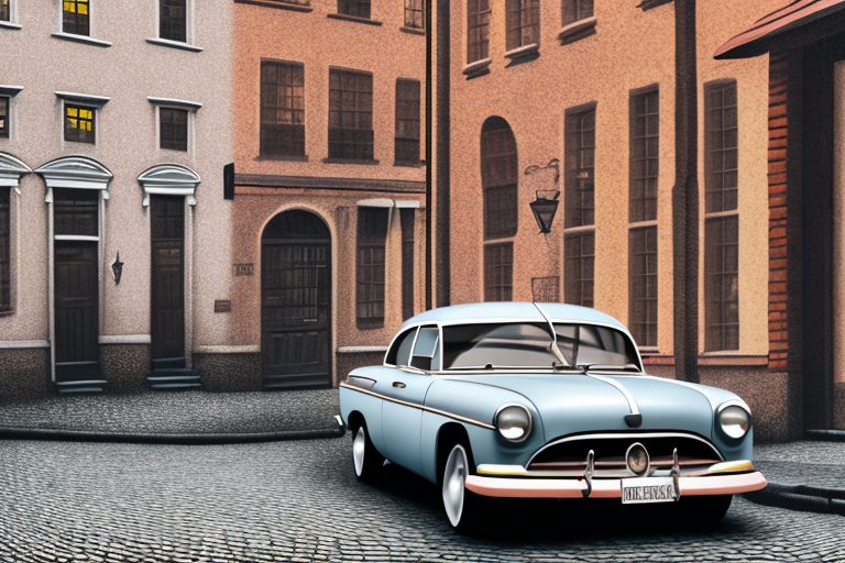 A vintage car parked on a cobblestone street