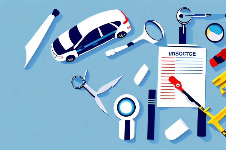 A car being inspected with tools such as a magnifying glass and a checklist