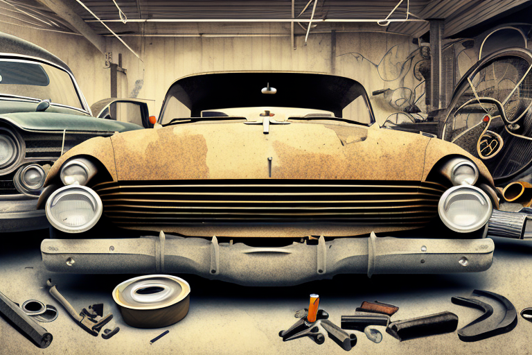 A vintage car in a garage