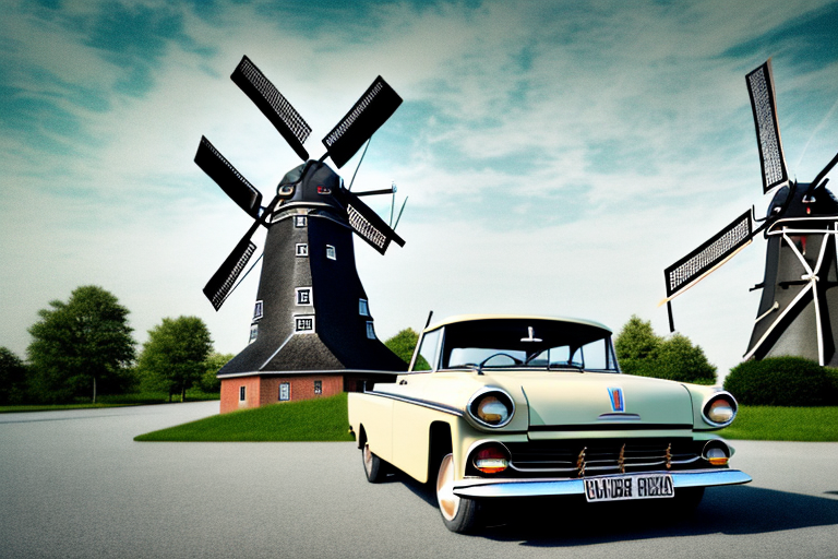 A classic vintage car parked in front of a traditional dutch windmill