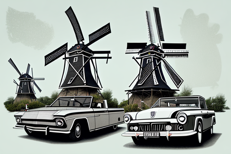 A classic dutch windmill with a variety of vintage cars from different eras parked around it