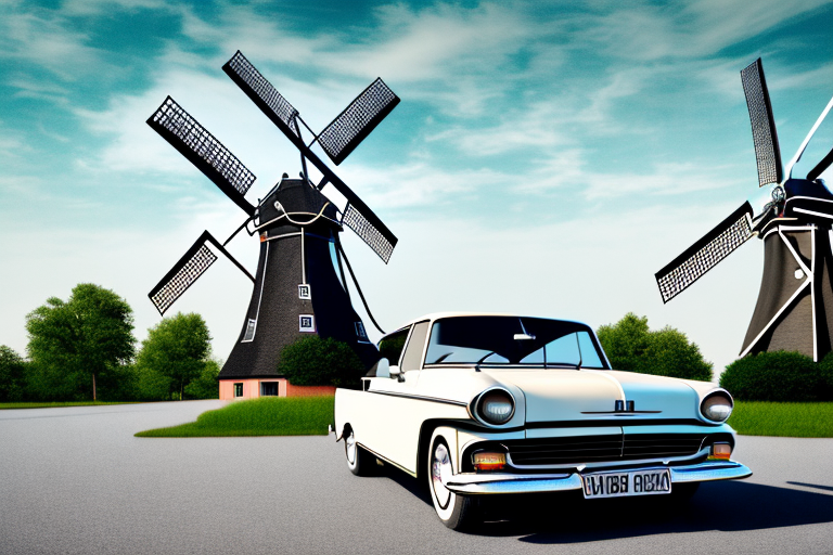 A classic car parked in front of a traditional dutch windmill