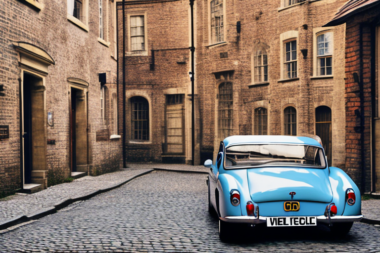 Classic british vintage cars parked on a cobblestone street