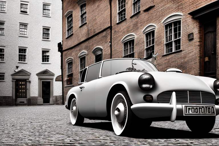 An old-fashioned english roadster parked on a cobblestone street