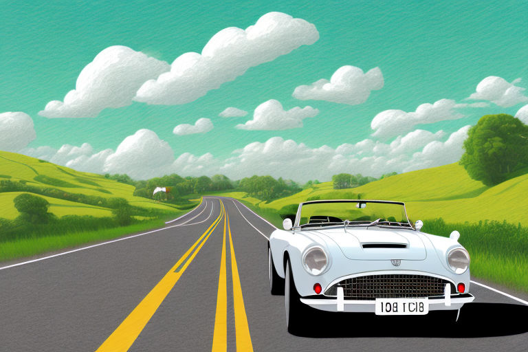 A scenic countryside road with multiple iconic english roadster models cruising along it