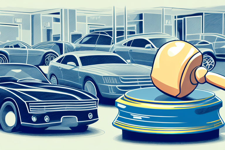 A gavel hitting an auction block with a variety of cars in the background