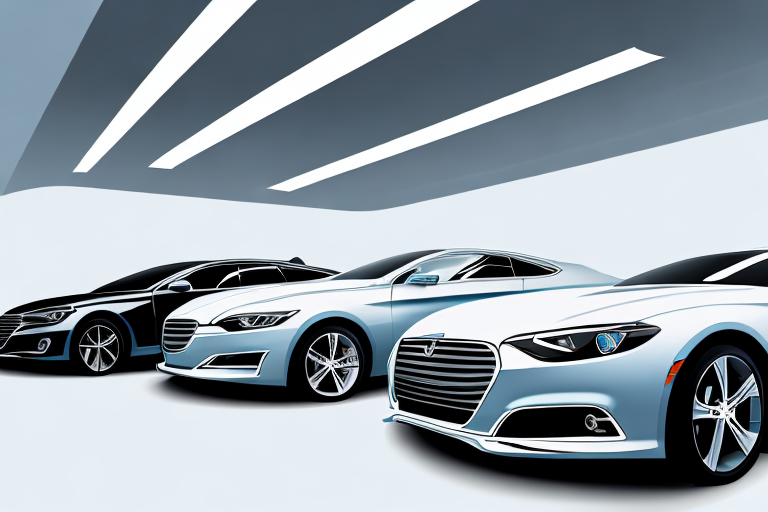 A variety of new cars of different models and colors on a showroom floor