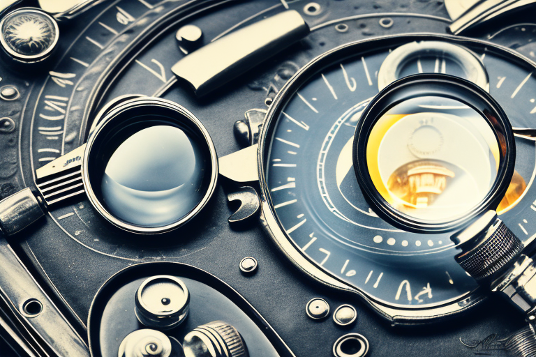 A vintage car with a magnifying glass focusing on its details