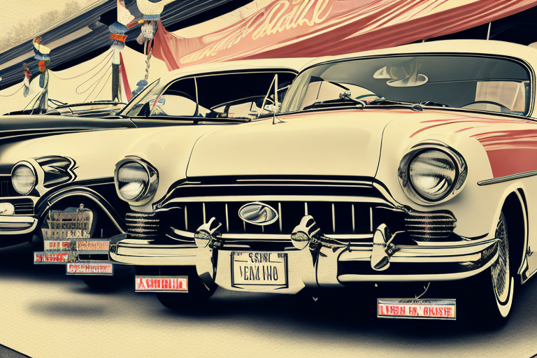 A vintage car market with a variety of classic cars displayed