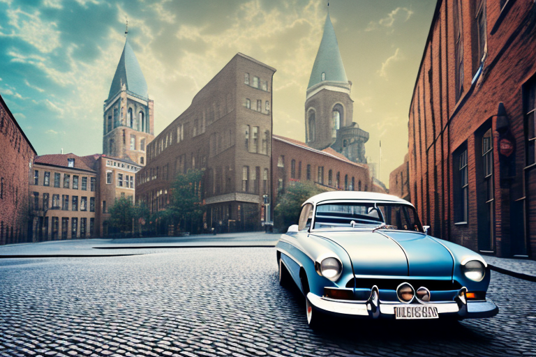 A vintage classic car parked on a cobblestone street