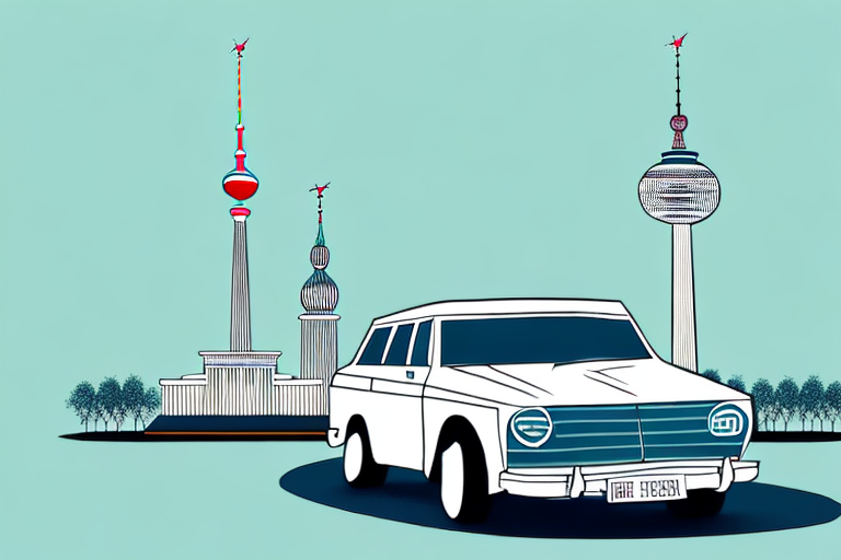 A car in front of recognizable berlin landmarks like the brandenburg gate or the berlin tv tower