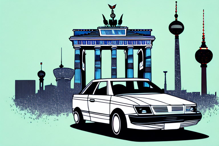 A damaged car with recognizable landmarks of berlin