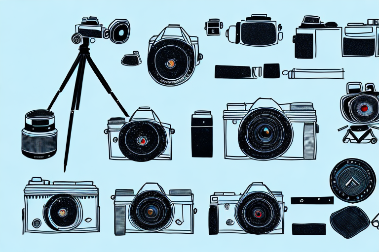 A camera on a tripod with various photography equipment like lenses