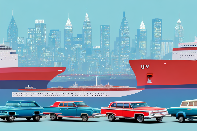 Various iconic american cars being loaded onto a large cargo ship