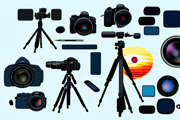 A camera on a tripod with various photography accessories like lenses