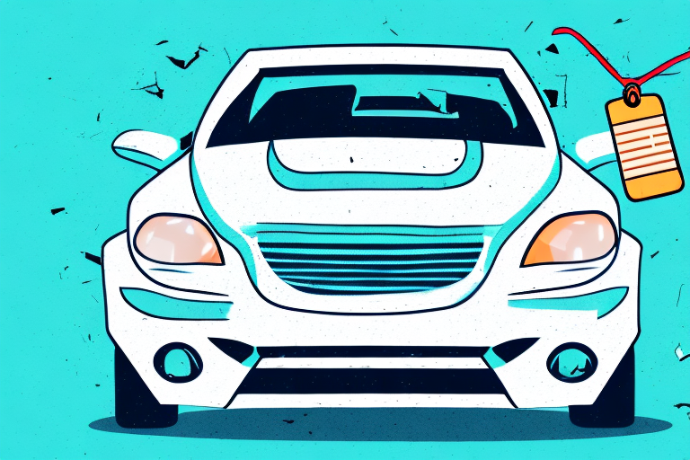 A damaged car with a "sold" tag hanging on the rear-view mirror