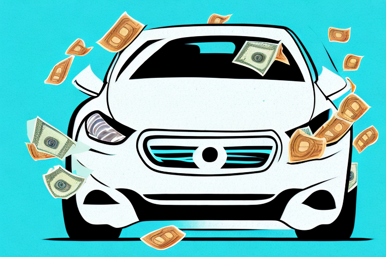 A damaged car with a money symbol in the background