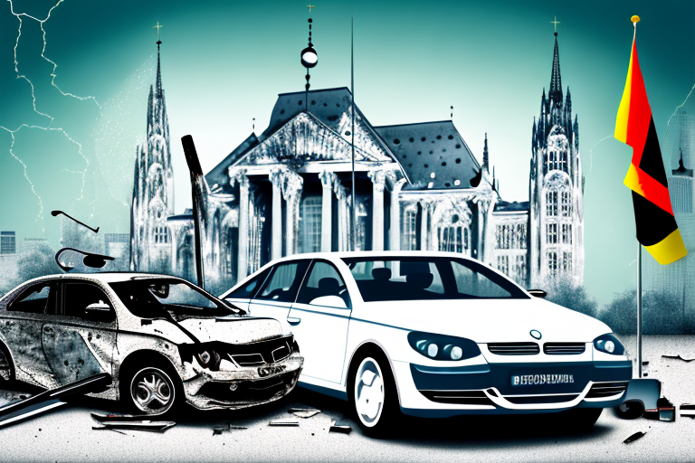 A damaged car with german landmarks in the background
