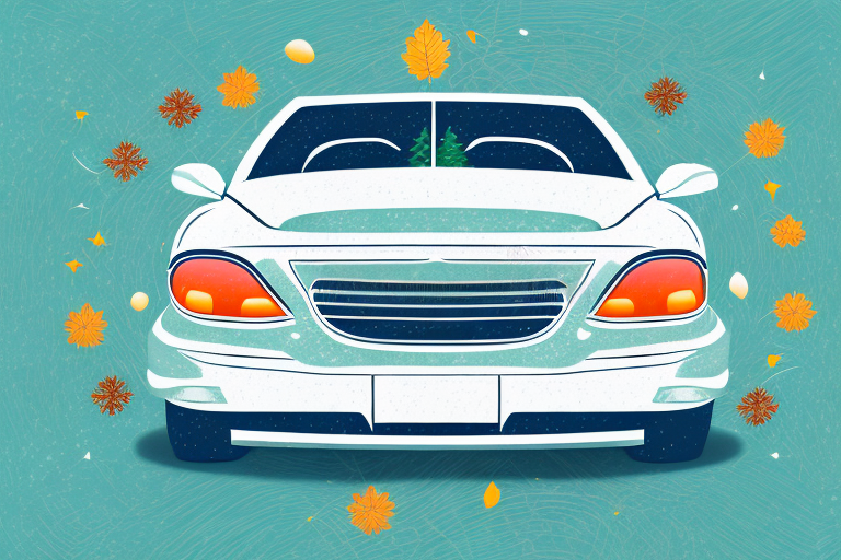 A car with a seasonal license plate on a background representing the four seasons