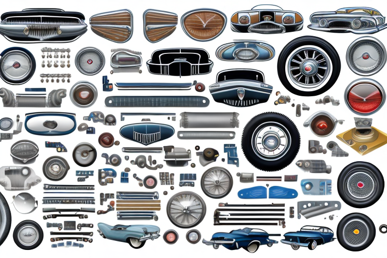 Various vintage car parts like steering wheels