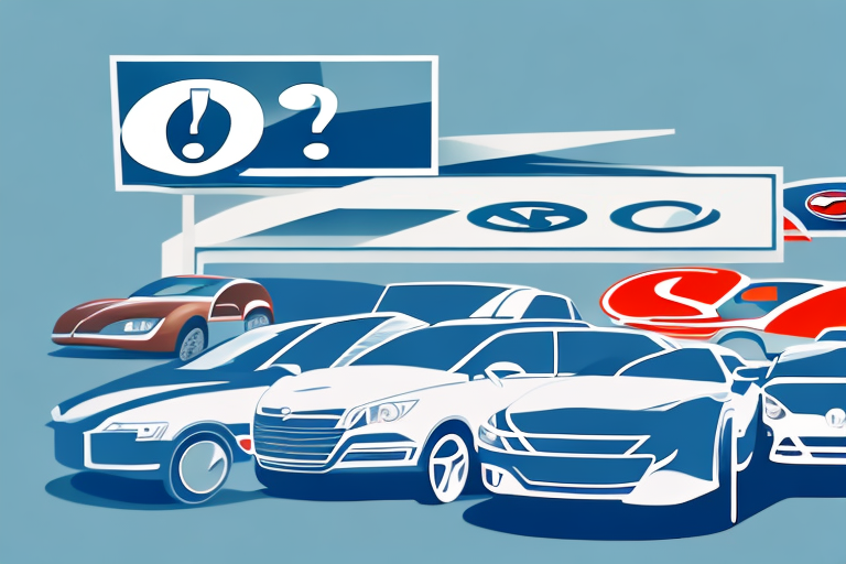 A car dealership with various types of cars on display and a large signboard with a question mark