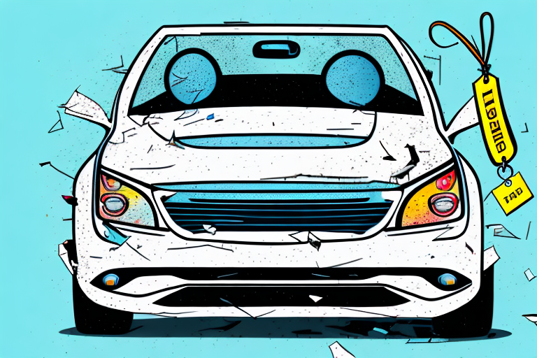 A damaged car with a price tag hanging from the rear-view mirror
