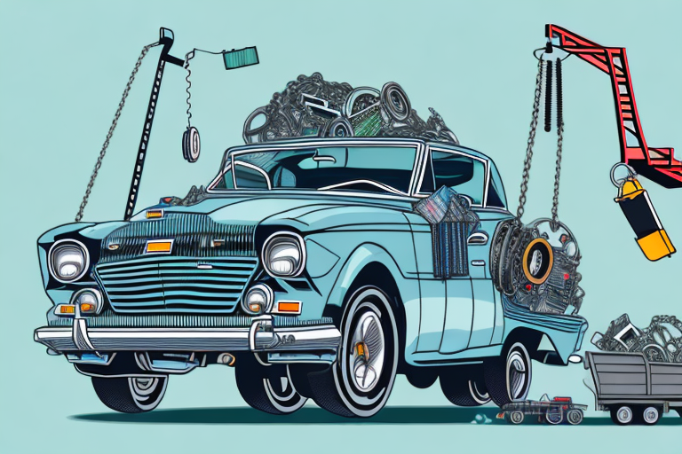 An old car being lifted by a crane into a recycling bin