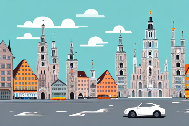 A car with munich's cityscape in the background