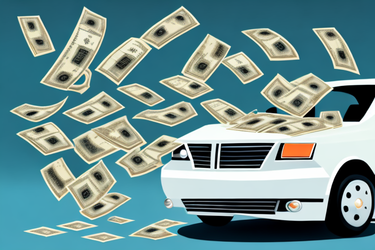 A car parked in front of a bank building with a pile of cash on its roof