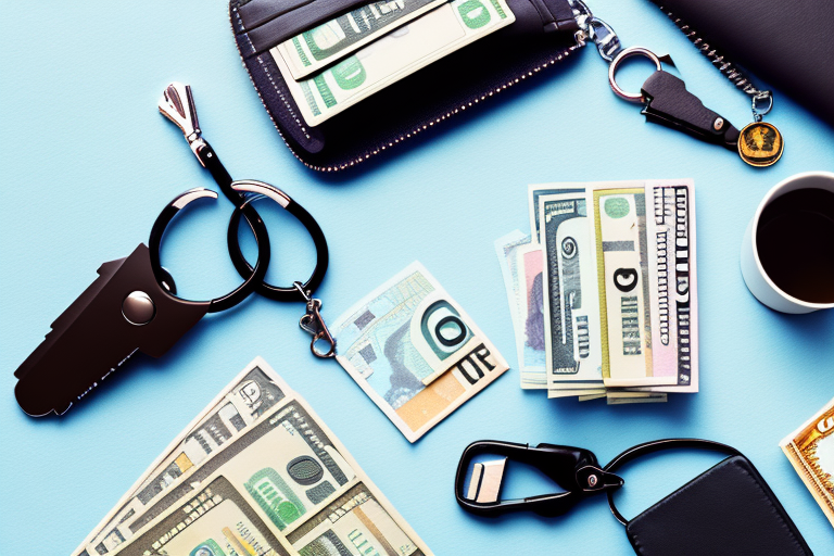 A wallet filled with cash next to a set of car keys