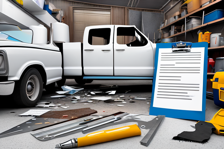 A damaged truck in a garage with tools scattered around