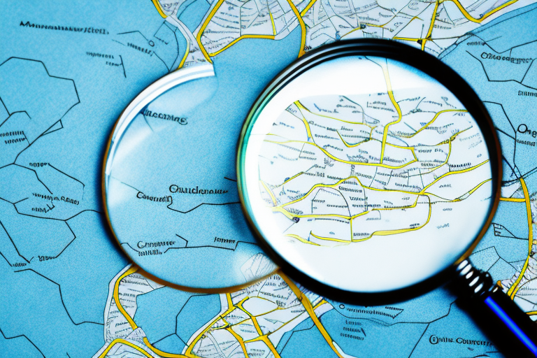 A magnifying glass highlighting important points on a map