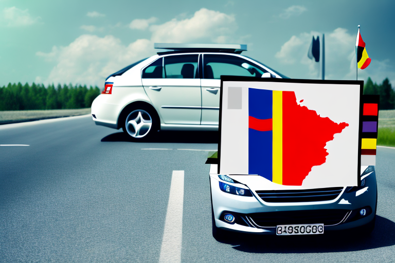 A car with austrian flag colors driving towards a signpost that indicates the direction to germany