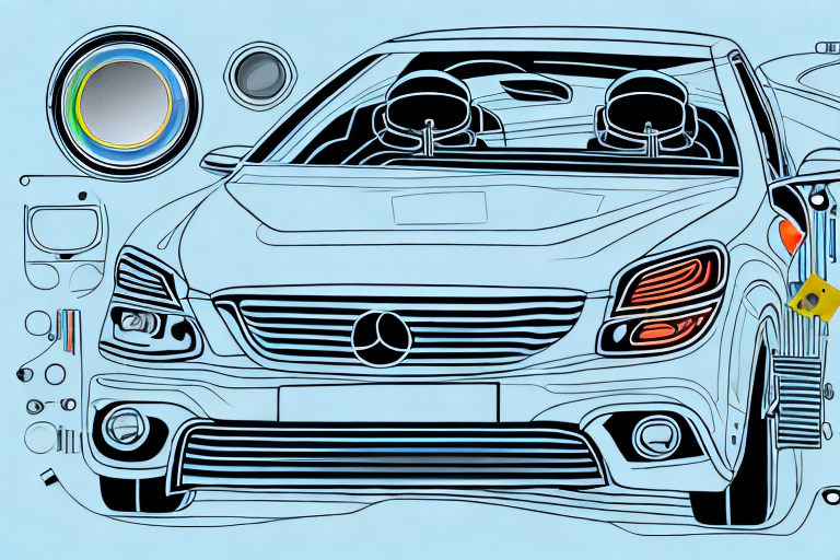 A car with various parts highlighted such as tires