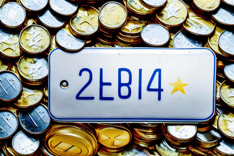 A car registration plate with a pile of euro coins next to it
