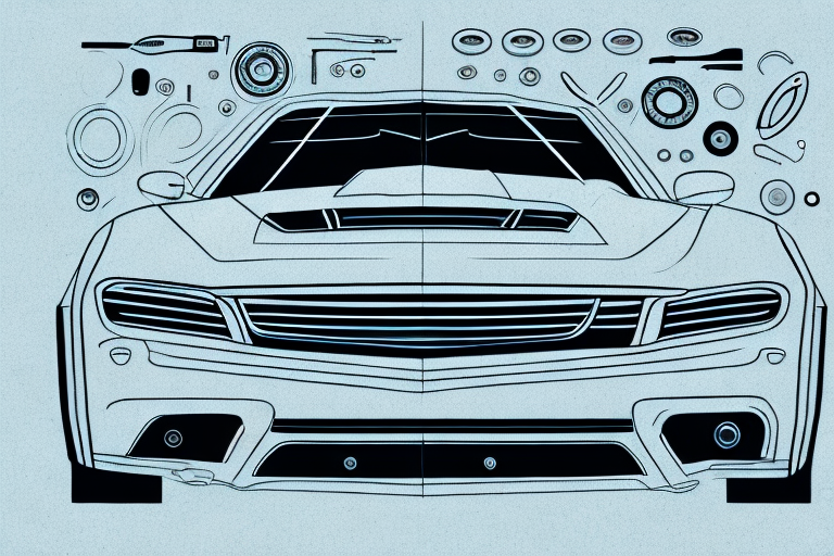 A car in a garage surrounded by various modification tools and parts like spoilers