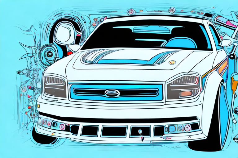 A car being customized with various tools and accessories like paint