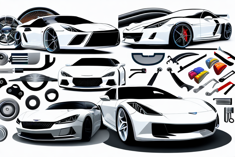 A high-tech car garage filled with various sports cars in different stages of tuning and modification