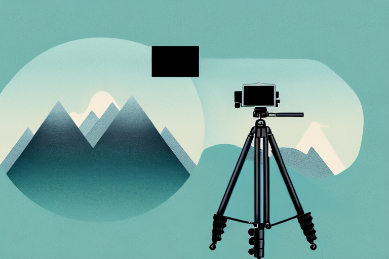 A camera on a tripod with a scenic landscape in the background