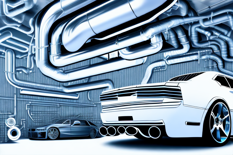 A car's exhaust system with various tuning components highlighted