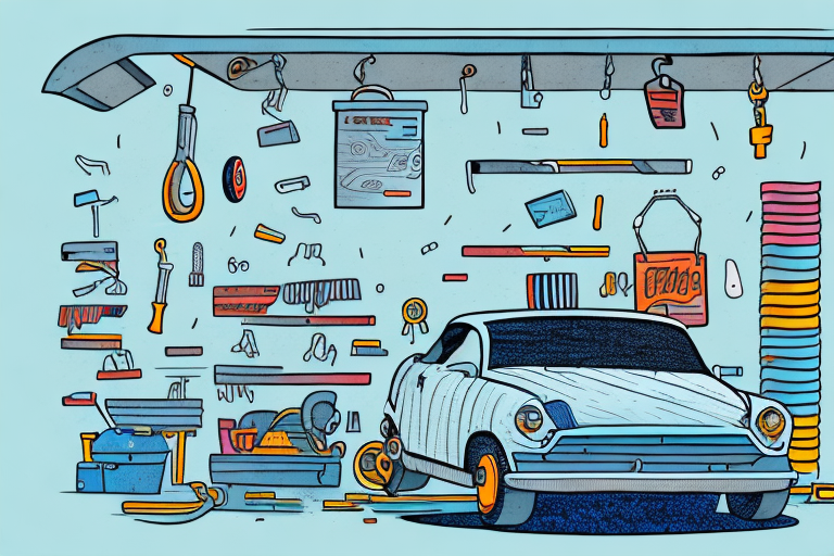 A car being lowered in a garage