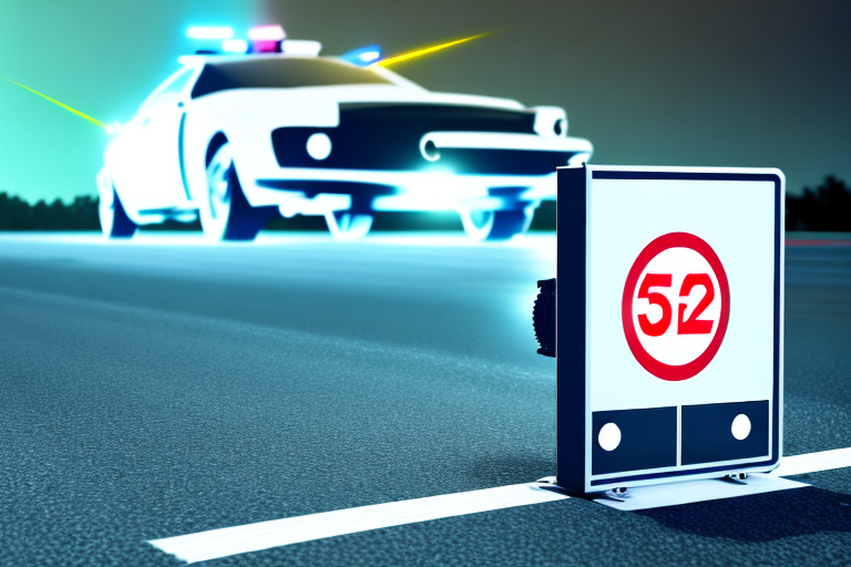 A police laser speed gun placed on a roadside with a blurred car in the background to represent speed