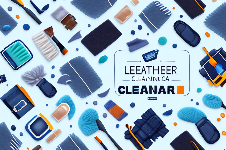 A leather car seat with cleaning products and a soft cloth nearby