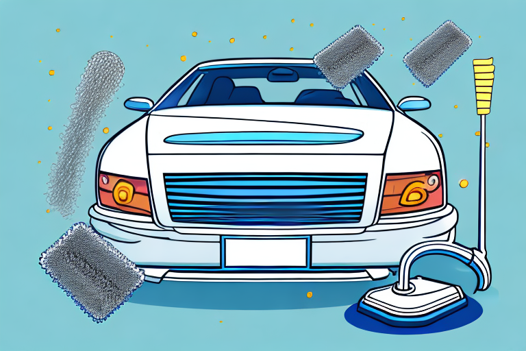 A sparkling clean car with various cleaning tools like a sponge