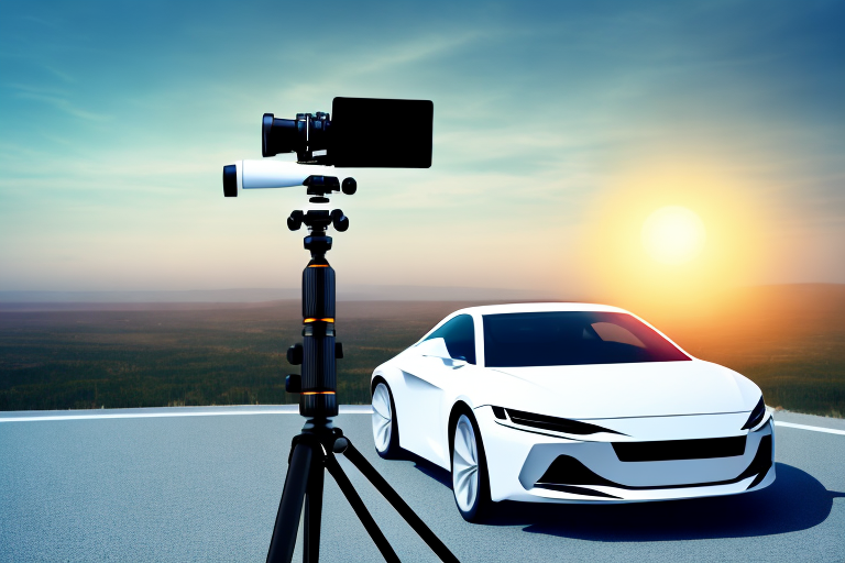 A camera on a tripod set up to capture a sleek