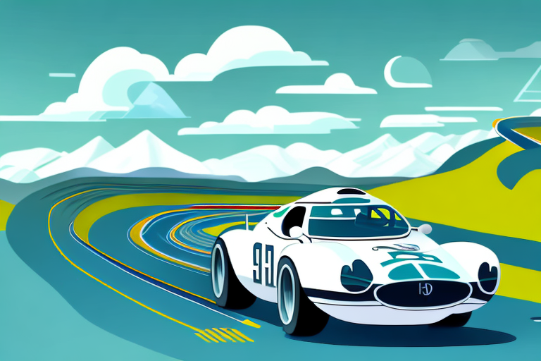 A classic racing car speeding on a curvy track with the scenic saxon landscapes in the background