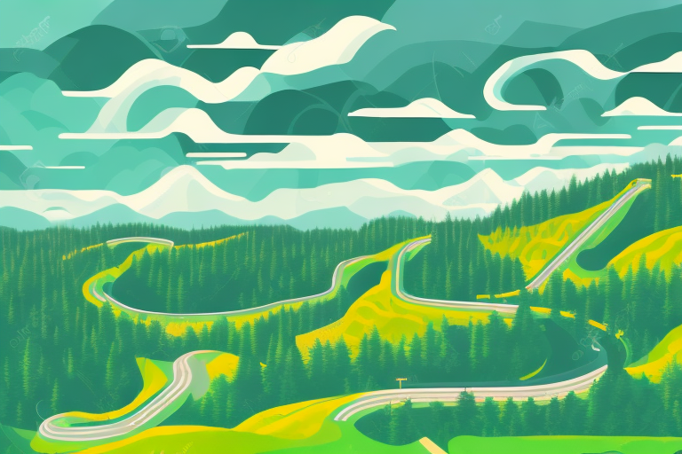 A winding rally track surrounded by lush forests and rolling hills