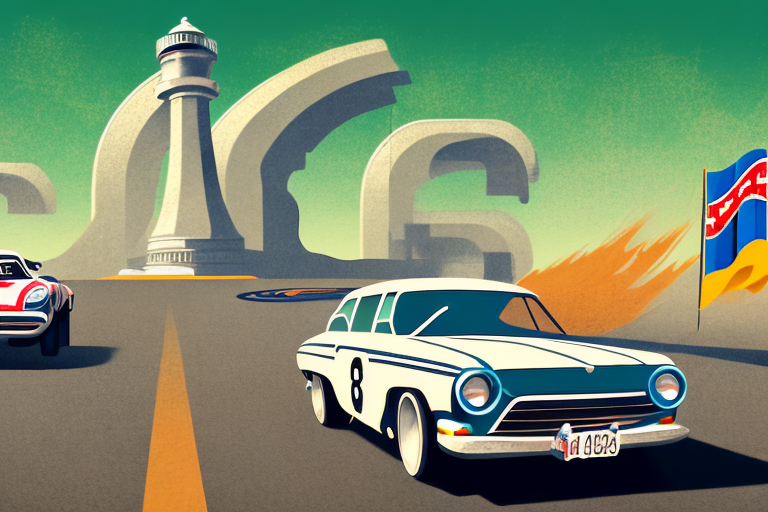 A vintage car racing in an old-fashioned rally setting