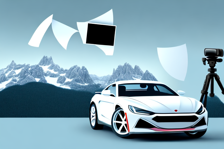 A camera on a tripod set up in front of a sleek sports car